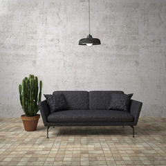 Modern living room with concrete wall / 3D render image