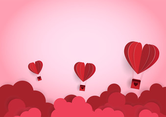 Paper art of illustration love and valentine day,Origami made hot air balloon flying