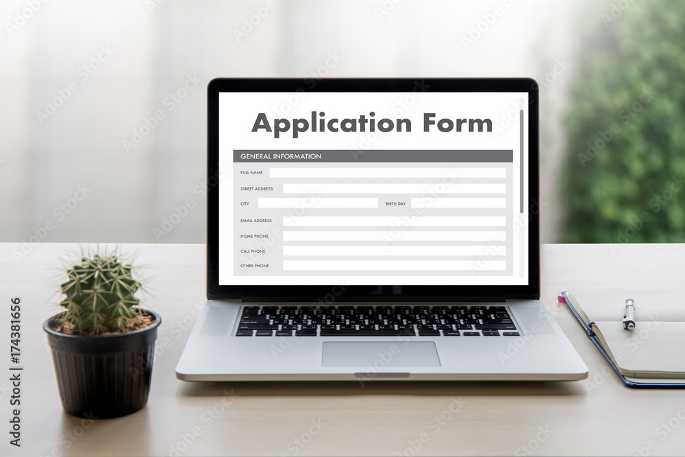 Poster business man working on laptop computer use online web job application form moniter