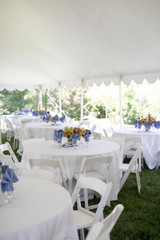 Wildflower Wedding Centerpieces with Black Eyed Susans, Snapdragons, and Delphinium on a Reception Table with White Tablecloth