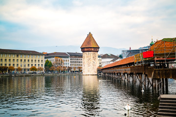 View of the Historic City of Lucerne with the Famous Chapel Bridge