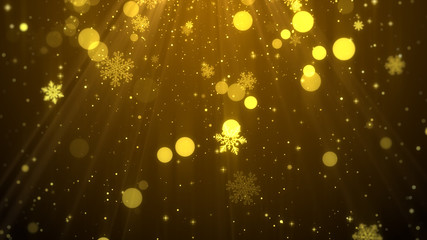 Christmas background (gold theme) with snowflakes, shiny lights in stylish and elegant theme.