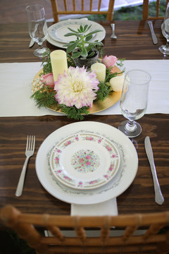 Vintage Wedding Decor Mismatched China On A Wood Table With Flowers