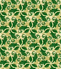 Floral green and golden ornament. Seamless abstract classic background with flowers. Pattern with repeating elements