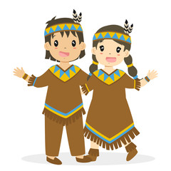 Thanksgiving cute and happy Native American boy and girl embracing, character cartoon vector.
