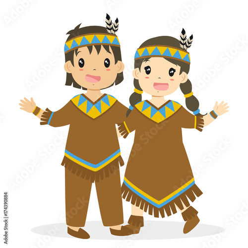 Thanksgiving Cute And Happy Native American Boy Girl Embracing Character Cartoon Vector
