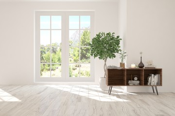 White empty room with summer landscape in window. Scandinavian interior design. 3D illustration