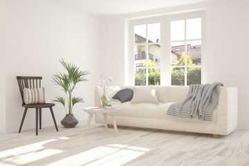 Idea of white minimalist room with sofa. Scandinavian interior design. 3D illustration