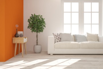 Fototapeta premium Idea of white minimalist room with sofa. Scandinavian interior design. 3D illustration
