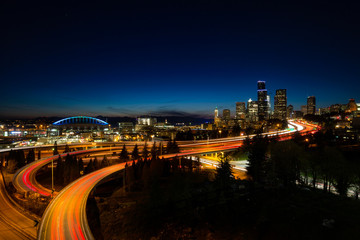 Long Exposure picture of Downtown Seattle, Washington, USA, during a colorful sunset.