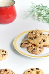 Homemade chocolate chip cookies and nut on a plate with white background      