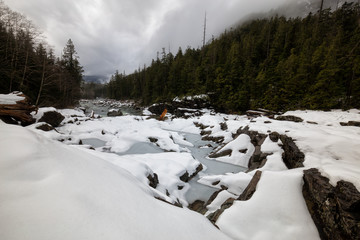 Fototapeta premium Nature view on the snow covered valley with the river. Picture taken near Tofino, Vancouver Island, British Columbia, Canada.