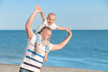 Fototapeta premium Elderly man playing with grandson on sea beach