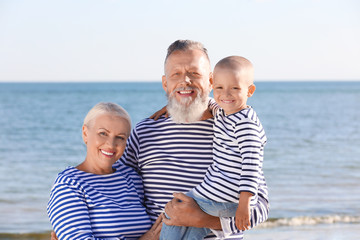 Cute boy with grandparents on sea beach