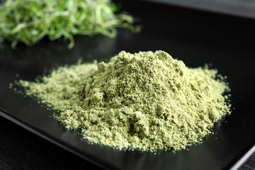 Plate with superfood powder, closeup