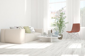 Idea of white minimalist room with sofa. Scandinavian interior design. 3D illustration