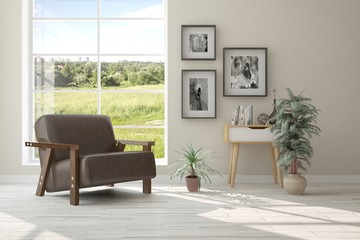 Idea of white room with armchair and summer landscape in window. Scandinavian interior design. 3D illustration