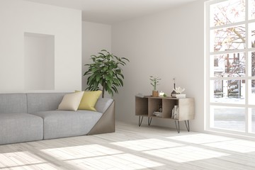 Idea of white minimalist room with sofa. Scandinavian interior design. 3D illustration