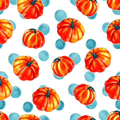 Artistic seamless halloween pattern design. Set of hand drawn watercolor pumpkin isolated on white background.