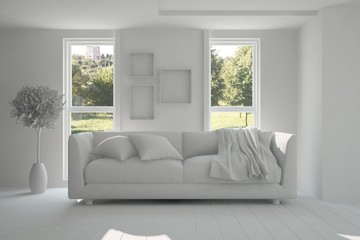 Idea of white room with sofa and summer landscape in window. Scandinavian interior design. 3D illustration