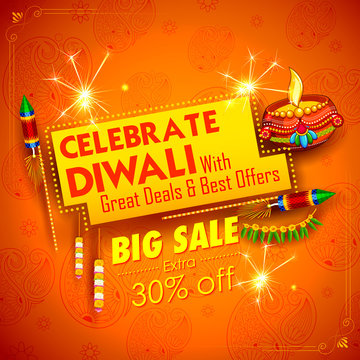 Burning diya on Happy Diwali Holiday Sale promotion advertisement background for light festival of India