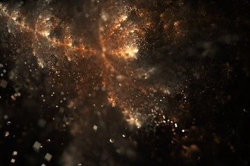 Bright galaxy. Abstract golden drops and sparkles on black background. Fantasy fractal texture. Digital art. 3D rendering.