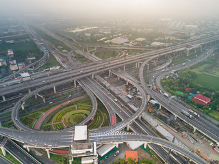 The curve of suspension bridge, Thailand. Aerial view. Top view. Background scenic road.