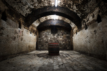  interior of an old wine cellar, barrels