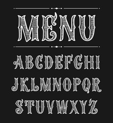 Hand drawn label font for design in vintage style. Vector typeface for labels and any type designs. Lettering for bar menu. Victorian style