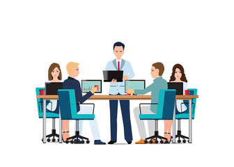 Business man presenting with laptop computer .