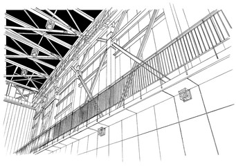 漫画風ペン画イラスト　学校（体育館）