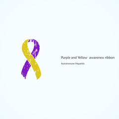 Awareness Purple and Yellow Ribbon. Painted. Autoimmune Hepatitis. Isolated icon. List of meanings, symbol, name of color.