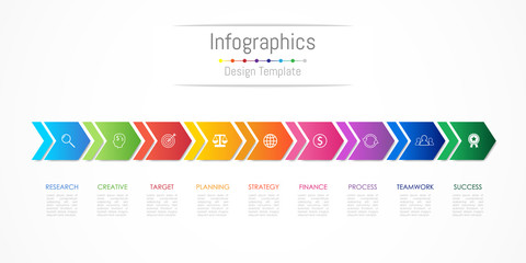 Infographic design elements for your business data with 10 options, parts, steps, timelines or processes, Arrow connect concept. Vector Illustration