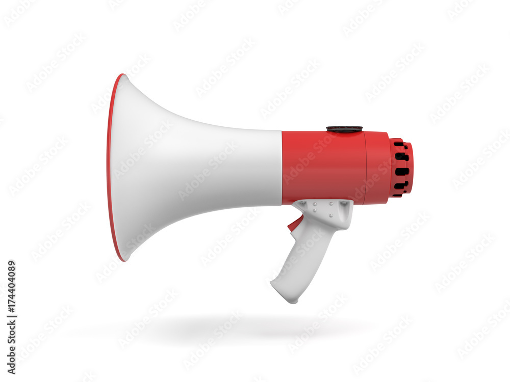 Poster 3d rendering of a single red and white megaphone isolated on white background.