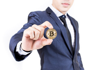 Businessman receive a lot of Money from Smartphone, Businessman Holding Bitcoin Isolated on white background, Digital Money and Bitcoine Concept.