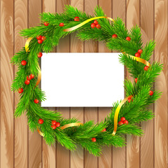 Fototapeta na wymiar Traditional Christmas wreath made of green fir branches with red berries of viburnum, Golden ribbon on a wooden background. , 3D illustration