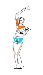 Young girl painting ceiling isolated sketch. Home improvement, house repair, woman doing renovation in apartment vector illustration.