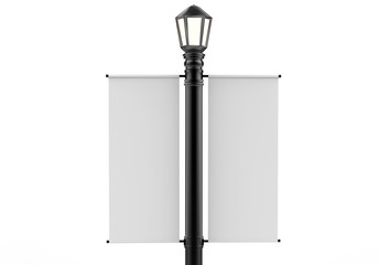 Blank white Lamp Post Banner poster 3d render for mock up and template design 3d render illustration.