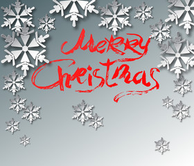 paper 3d snowflakes, red inscription, letering, brush - with Christmas. Vector.
