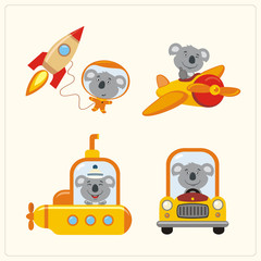 Set of isolated koala in various transport: airplane, submarine, car, space rocket. Collection of funny koala in transport in cartoon style.