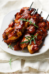 bbq chicken kebabs.selective focus