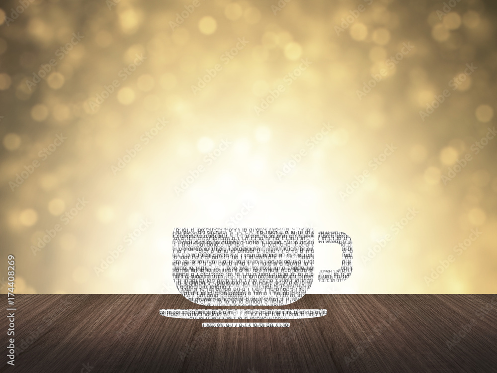 Poster illustrate abstract coffee cup made of binary code on wooden table with gold bokeh inthe background.