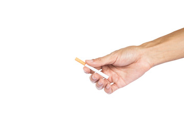 Hand gesture giving a cigarette isolated on white background with clipping path. Hand holding one cigarette red filter.
