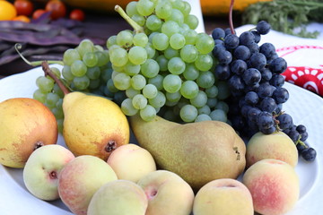 Autumn arrangement of a bunch of fruits and vegetables. Close-up