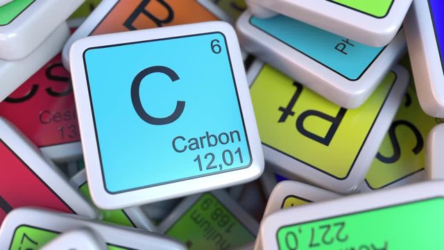 Carbon block on the pile of periodic table of the chemical elements blocks. Chemistry related intro animation