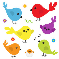 Bird icon set. Cute cartoon colorful character. Birds baby collection. Decoration element. Singing song. Flower, worm insect, music note, shell nesting. Flat design. White background. Isolated.