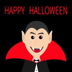 Count Dracula head face wearing red cape. Cute cartoon smiling vampire character with fangs. Happy Halloween. Greeting card. Flat design. Black background. Isolated.