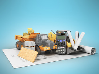 Concept construction calculations road construction money dump construction materials 3D render on blue background