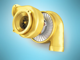 Golden turbine for a 3d rendering machine on a blue background