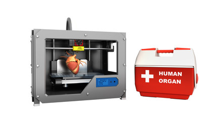 concept of transplantation process of creating human hearts using 3D printer illustration isolated on white no shadow